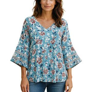 Kate & Mallory Blouse Size Medium Jersey Knit Floral Bell Sleeve Chiffon Panel